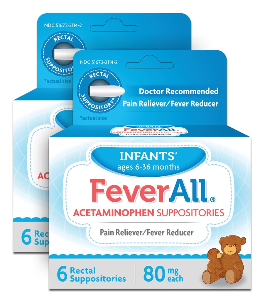 Feverall Infant Acetaminofen Suppositories 6 Rectal Suppositories 80mg vsak bolečina Reliever / Fever Reducer. Paraben brezplačno, brez umetnih barv ali drugih konzervansov. Starosti 636 mesecev. Vrednost 3 Pack.