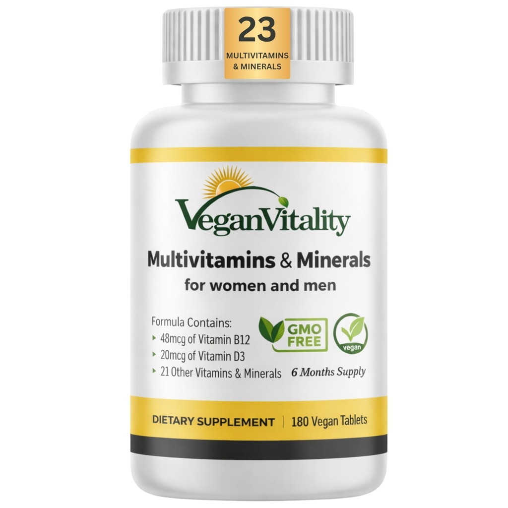 Veganska vitalnost Multivitamini in minerali za ženske in moške z visoko jakostjo vitamin B12, D3 & K2. 180 Veganske multivitaminske tablete - 6 mesecev dobave. Vitamini za Vegane in vegetarijance