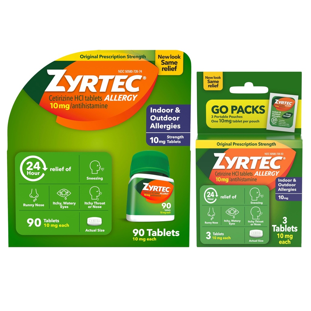 Zyrtec 24 ur Alergija Relief tablete, Notranja & Zunanja Alergija Medicina z 10 mg Cetirizin hidroklorid Antihistaminik, vrednost paket ena, 90 ct steklenica & tri, 1 ct Potovalne pakete