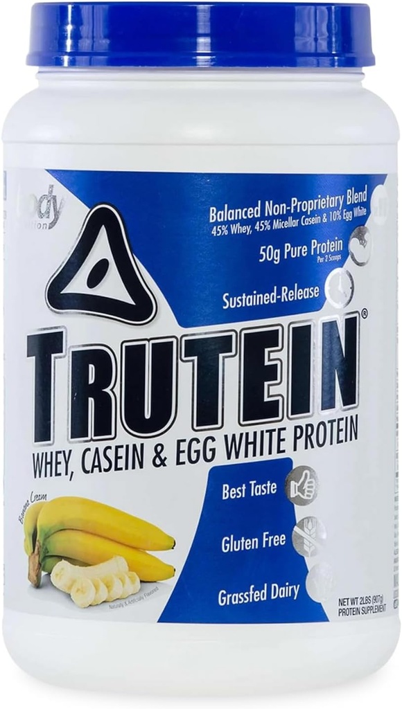 Body Nutrition Trutein Visoke beljakovine v prahu: 45% Whey, 45% Kazein, 10% Jajca bela, Gluten-free, nizko natrij, Grass Fed Whey Protein v prahu, Gym Supplement & Breakfast Shake, Banana krema, 2lb