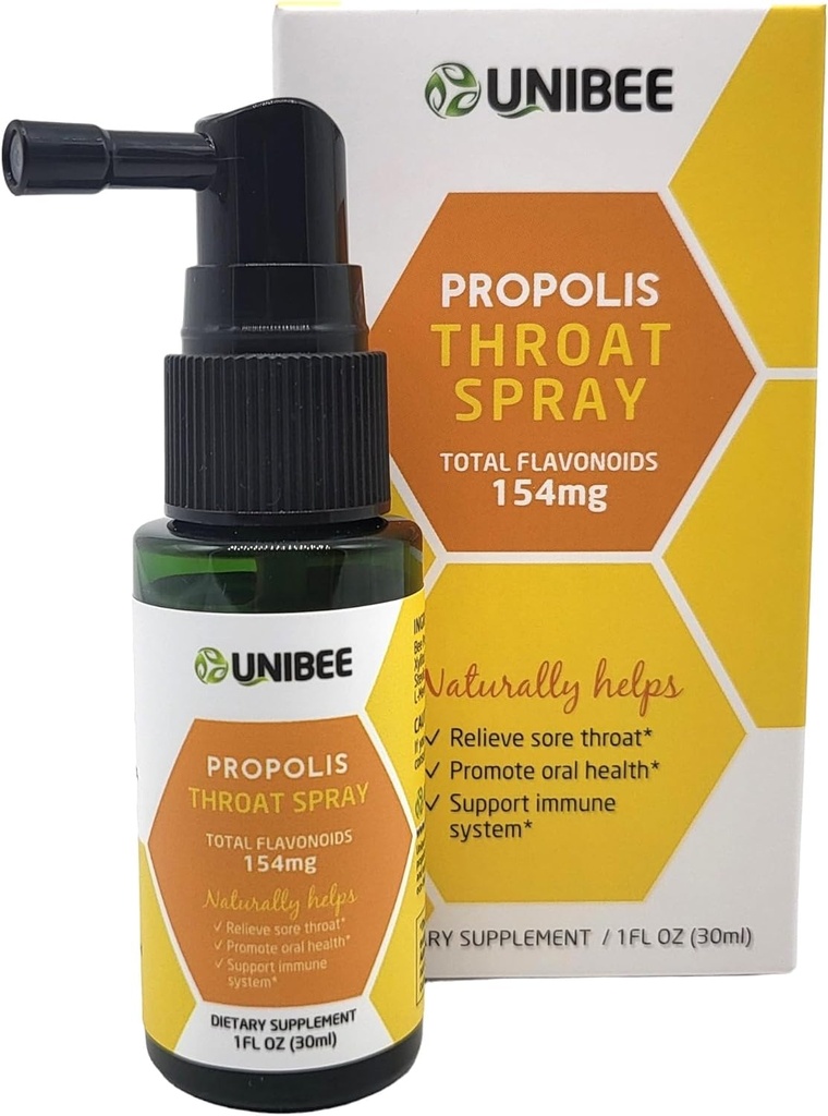UNIBEE Propolis Sprej za grlo (skupni Flavonoidi 154mg) - Relief za grlo, spodbujanje oralnega zdravja, podpora naravnemu imunskemu sistemu, propolis brez alkohola in vode