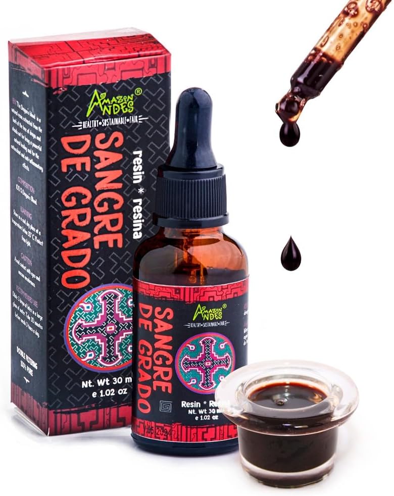 Andes Dragonova kri (Sangre de Grado) - 100% Zmajeva kri - izdelana iz krotonskih dreves Lechleri - ne-GMO, Wild Crafted & Gluten-free - Podpora Zdravilna dejavnost - 1,02 Oz/30ml - Izdelano v Peruju