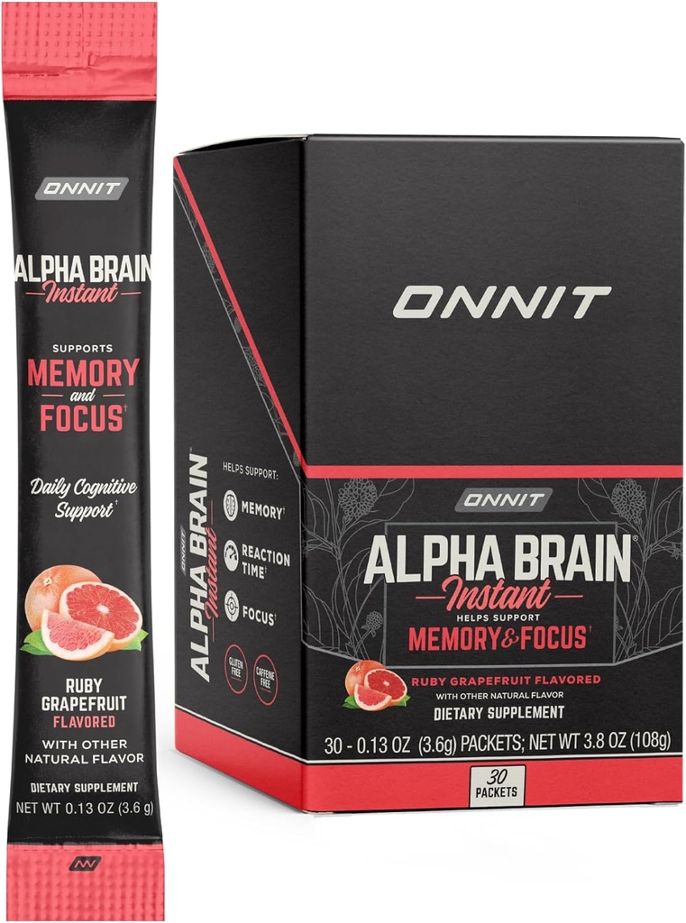 ONNIT Alpha Brain Instant - Ruby Grenivke Flavor - Nootropic Brain Booster Memory Supplement - Podpora možganov za fokus, energijo in jasnost - Alpha GPC Choline, Cats Claw, L-Theanine, Bacopa - 30ct