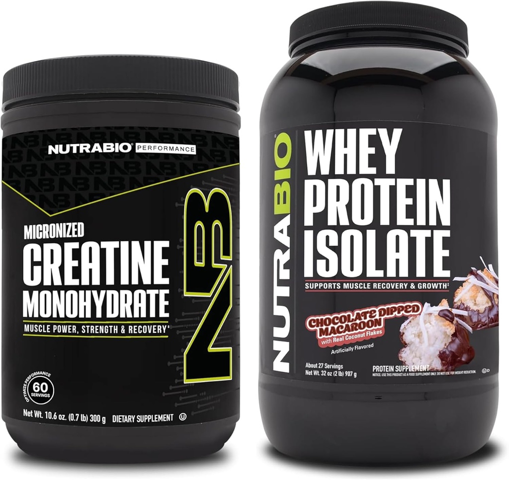 NutraBio Kreatin Monohidrat, brez arome, 300g in sirotkinega proteina izolat, čokoladni napitek Macaroon, dodaten paket - mišična energija, rast, okrevanje in moč