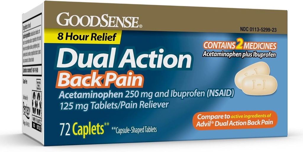 Tablete GoodSense dual action acetaminofen in Ibuprofen (NSAID), 250 mg/125 mg, bolečina v hrbtu, 72