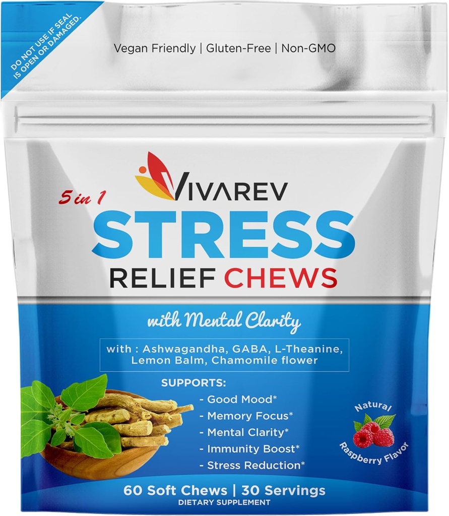 Stres Relief Ashwagandha Gumies - Oblikovan z Ashwagandha, GABA, L Theanine, Lemon Balm & Kamilica Cvet kot Stress Relief in Focus dodatek- Naravni malina aroma, Pack of 60