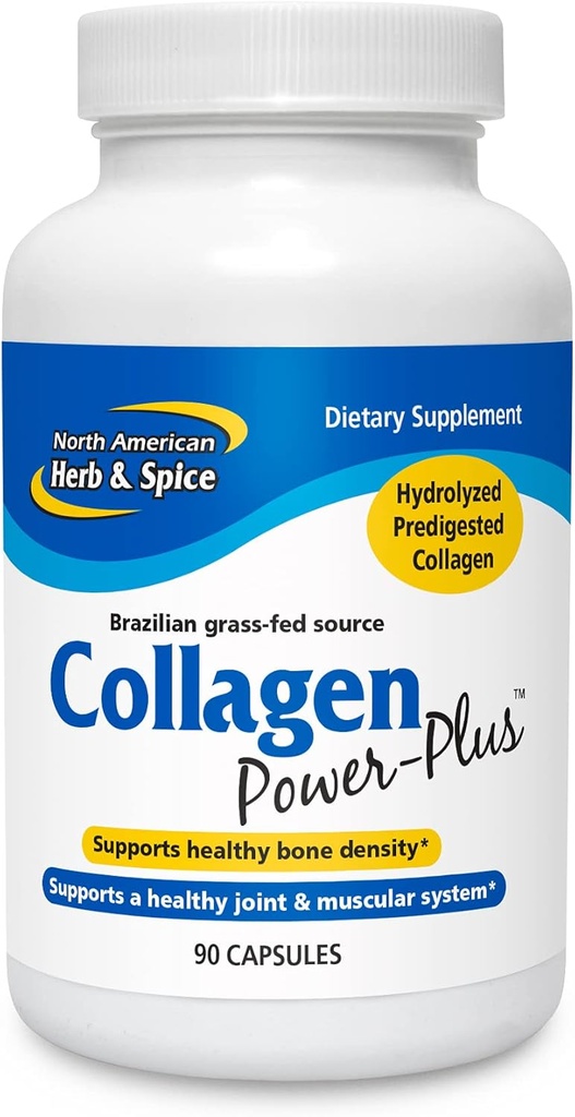 SEVERNA AMERIŠKA HERB & SPICE Collagen Power-Plus - 90 kapsul - Kolagen dopolnilo - Joint & Muscle Support, Zdravi lasje, kože in nohti - Bromelain, Papain, Vitamin C - Non-GMO - 30 postrežbe