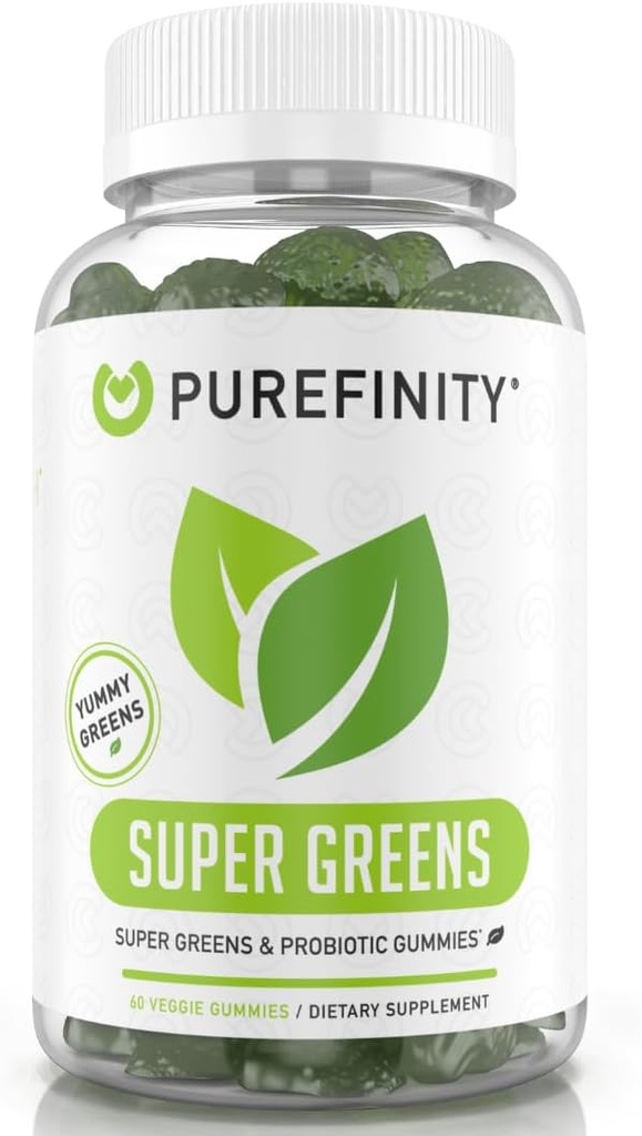 PUREFINITY Daily Super Greens Gummies z Spirulina, Spirach, Broccoli, Beet Root, Acai, in druge zelenjave, All-in-Ene Veggie dodatek – Ne-GMO, Gluten Free, Vegan, 60 grof