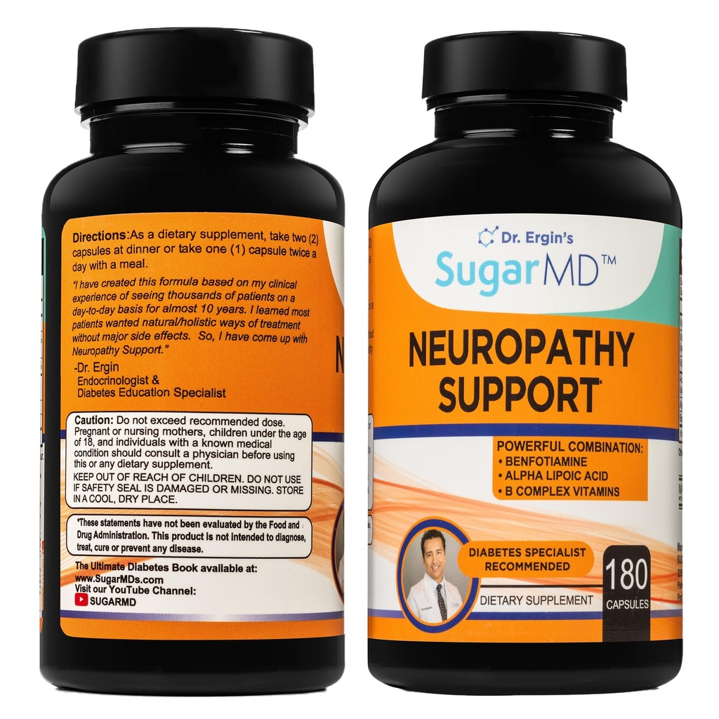 SugarMD Neuropatia Supplement – 180 Živec Dopolnilo Kapsule z alfa lipoična kislina, Benfotiamin & Vitamin D3 B6 B12 - Živec podpora dodatek za noge prste in noge - 90 dan dobave