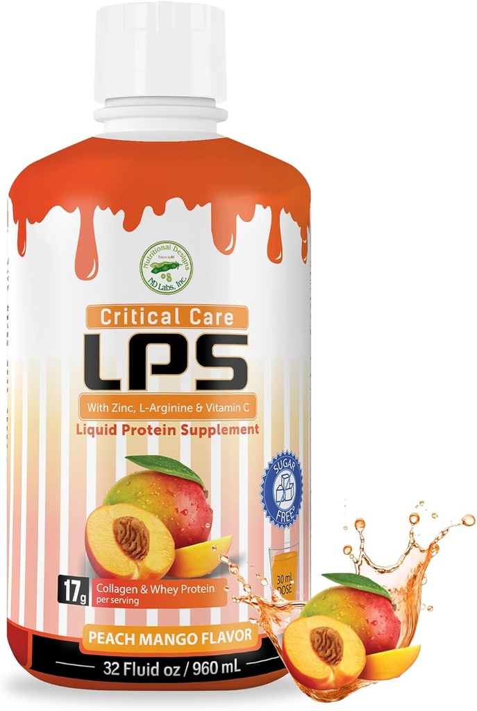 Nutritional Designs LPS Liquid Collagen & Whey Protein Supplement, Sugar-free, Non-GMO Drink, spodbuja zdravo kožo in lase za moške in ženske. (Kritična nega) Peach Mango