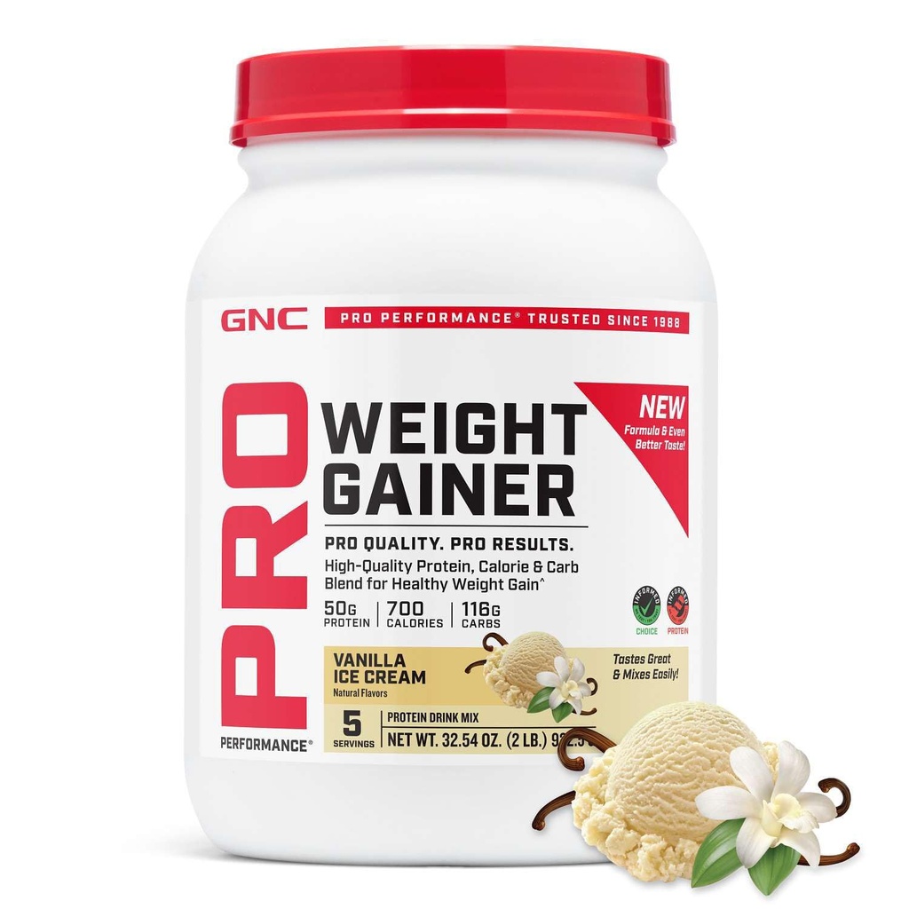 GNC Pro Performance Gainer Protein Powder, 50g Protein, High Calorie, 700 kalorij, Podpira maso in mišično regeneracijo, MCT, BCAA, 3. stranka testiran, Vanilla sladoled, 6 Serving, 2,5 lbs