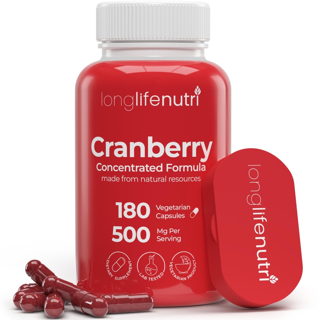 LongLifeNutri Cranberry Extract z vitaminom C & E - Čista koncentrirana formula, 500mg na serviranje, 180 Vegetarijanske kapsule, Urinary Tract Health & Bladder, 6 Mesec dobave, Made in ZDA