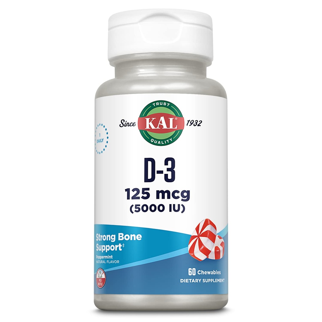 KAL Vitamin D3 5000 i.e. 125 mcg, Visoka moč Vitamin D Žvečilni bonboni, Kalcijeva absorpcija, Zdravje kosti in Imunska podpora Dopolnilo, Natural Peppermint aroma, 60-dnevna garancija, 60 Serving, 60 Chews