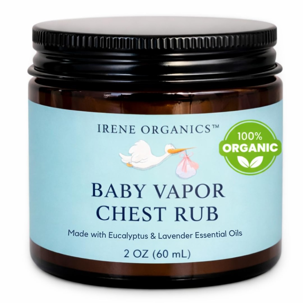 Irene Organics Organic Baby Vapor Chest Rub Clean Vapo Rub izdelan iz nestrupenih sestavin, kot so Eucalyptus Essential Oils, varno za vse starosti, Novorojenčki in dojenčki, Bolni otroci bistvenega pomena