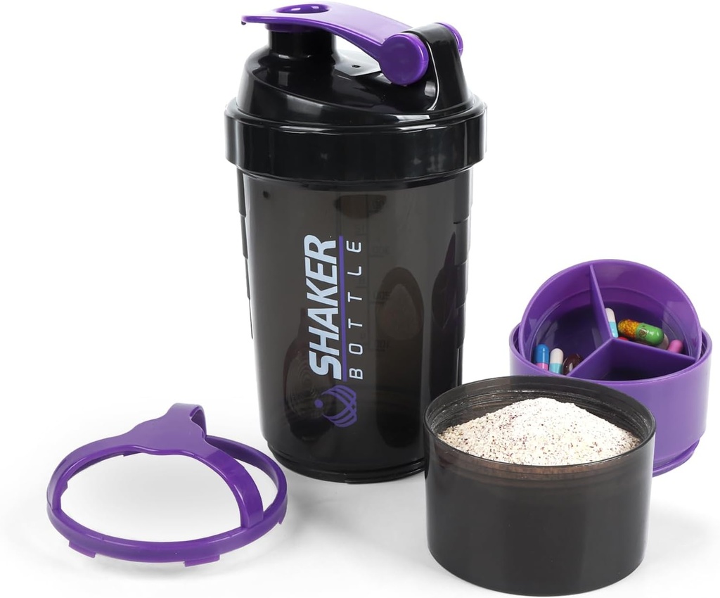 Steklenica za stresalnik - Pokal za stresanje beljakovin s skladiščnimi deli - Tresenje za drkanje z mešalnikom za gladko mešanje-500ML/16oz (PURPLE & BLACK)