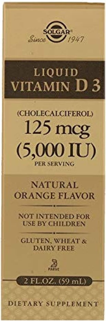 Solgar Tekoči vitamin D3 125 μg (5.000 i.e.) - 2 fl oz - okusna, naravna pomarančna aroma - pomaga ohranjati zdrave kosti & zobe - Imunski sistem podpora - Gluten Free, Dairy Free, Kosher - 59 Serving