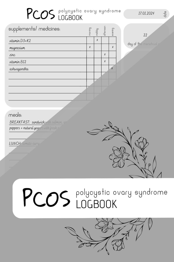 PCOS LOGBOOK: Dodatki Sledilnik, Načrtovalec obrokov, Sledilnik obdobja, 150 Strani, 6x9 in, Minimalistično oblikovanje