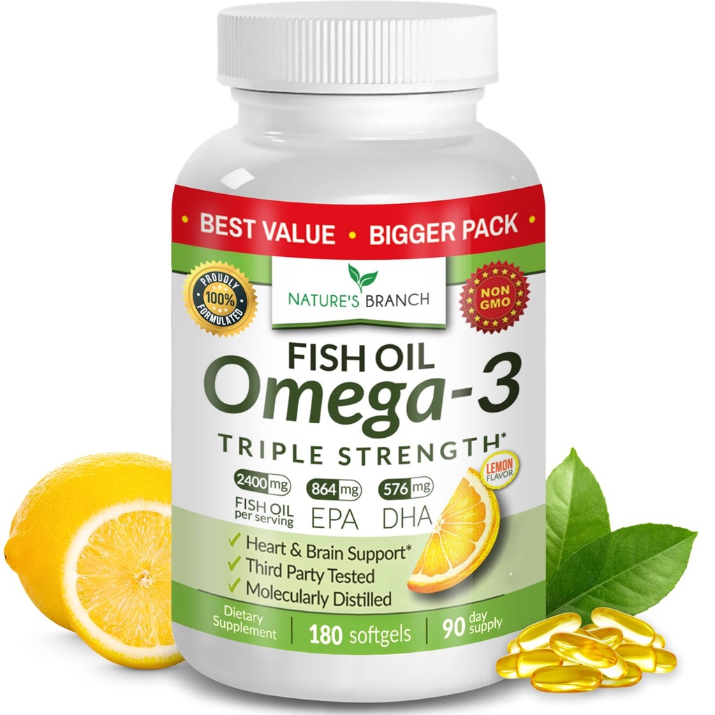 Najboljša trojna moč Omega 3 tablete ribjega olja - 180 Kapsule - 2400mg Limonska aroma brez obremenitve 864mg EPA 576mg DHA Ultra Pure Liquid Softgels for Brain Joints Heart Health Supplement