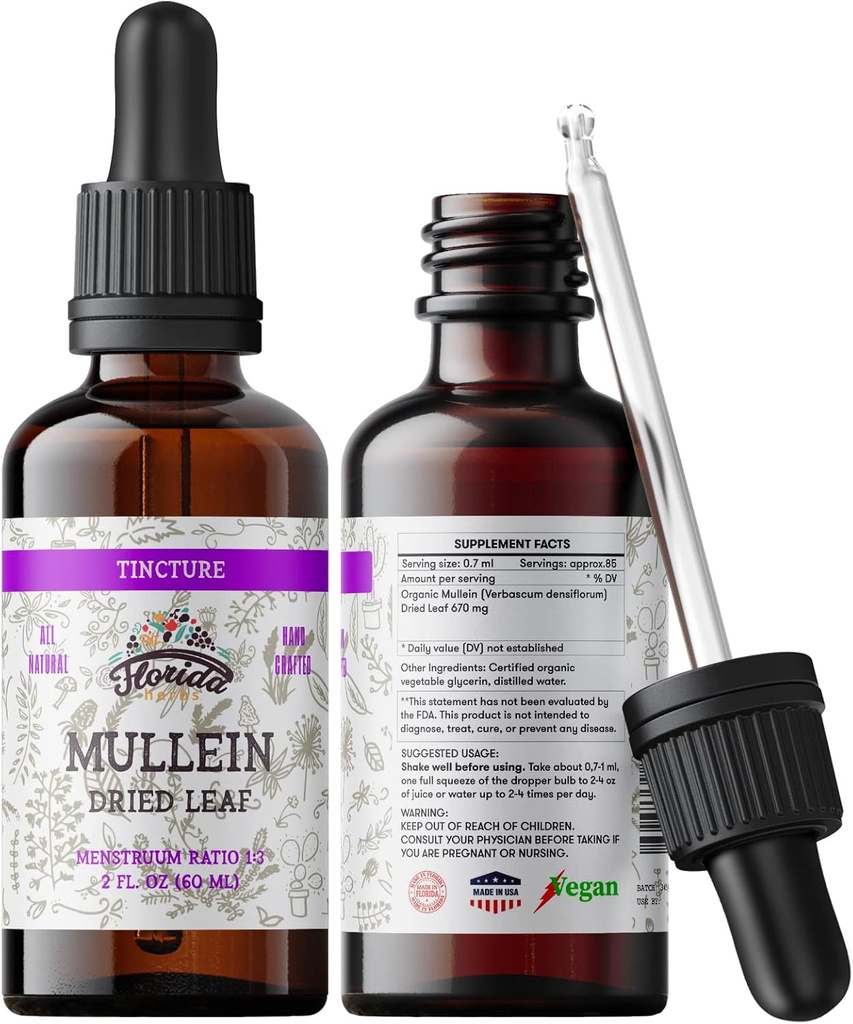 Mullein Tincture Extract, organski mullein (Verbascum densiflorum) posušeni list zeliščni dodatek v hladno presičene zelenjave Glycerin 670 mg