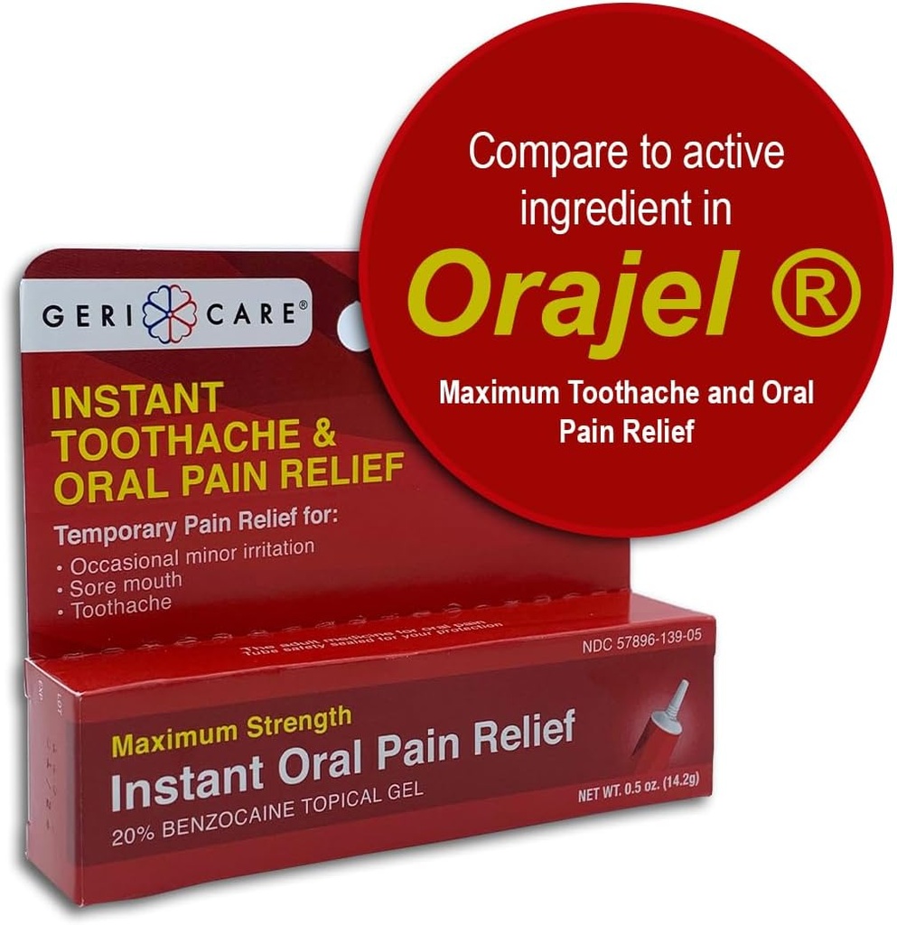 GeriCare Benzocain 20% Največja moč zobobol in oralna Instant Pain Relief Gel 0.5 oz. hitro omrtvevanje bolečine zdravljenje zoboboli, Gum Draženje, Občutljivost in usta rane, (Pack of 1)