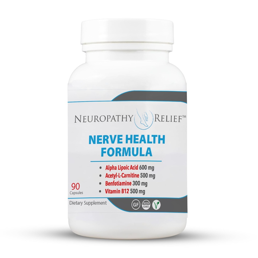 Nevropatija ReliefTM Nerve Health Formula - Napredna podpora z alfa lipoično kislino, acetil-L-karnitinom, benfotiaminom in kapsulami vitamina B12-90