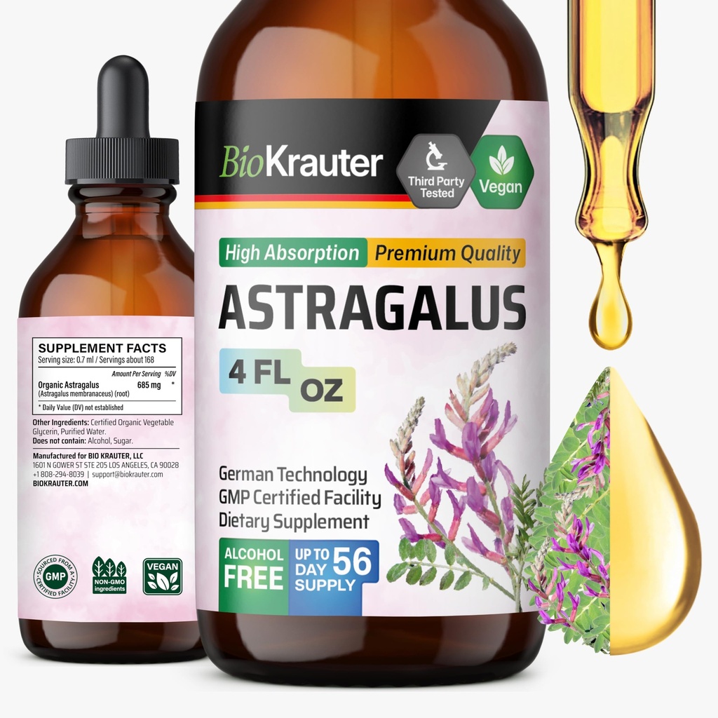 BIO KRAUTER Astragalus Tinkture - Astragalus Root Extract za imuno podporo - Alkohol in sladkor brez - visoka absorpcija - Veganske kapljice 4 Fl.Oz.