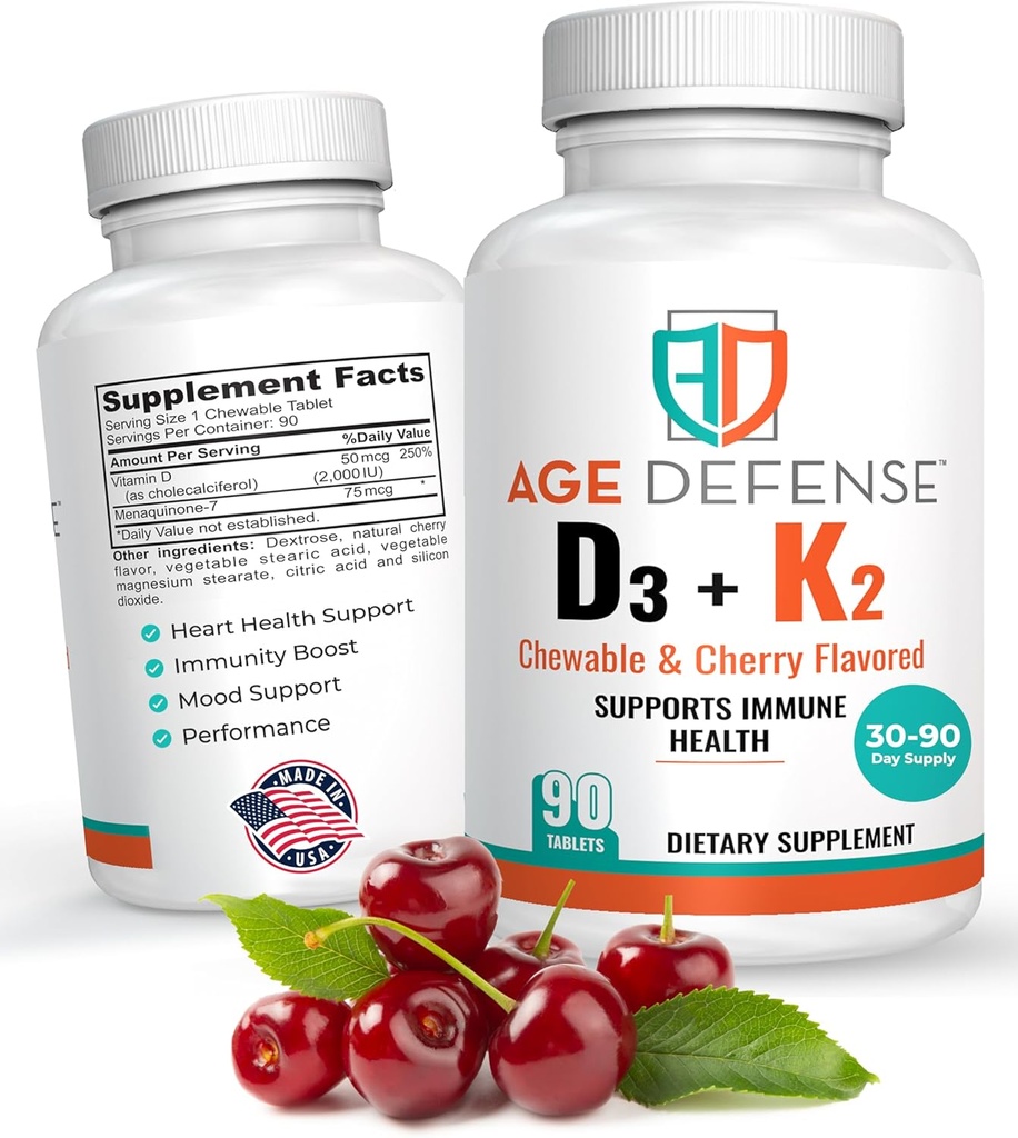 Vitamin D3 2000 i.e. z žvečljivimi tabletami K2-90 s češnjevo aromo in naravno energetsko podporo Vitalnost, Imunsko zdravje in splošno wellness-vitamin D3 z vitaminom K2 za moške in ženske