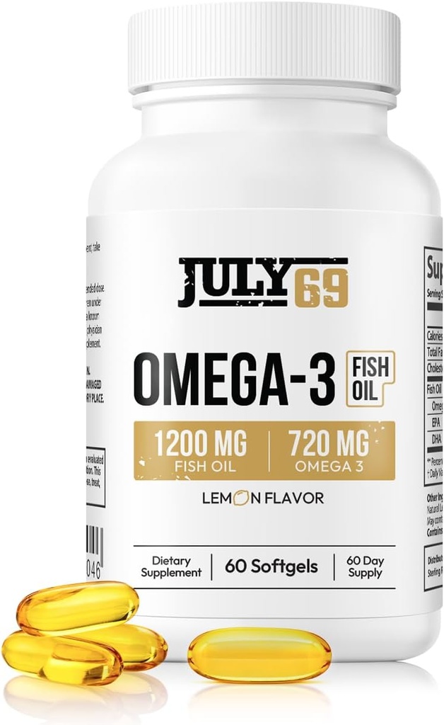 Omega 3 ribje olje - 1200 MG ribje olje, 720 MG Omega 3, limonina aroma, 60 softgels, naravni EPA-DHA softgels za moč in zdravje, visoka moč, podpora za ženske in moške