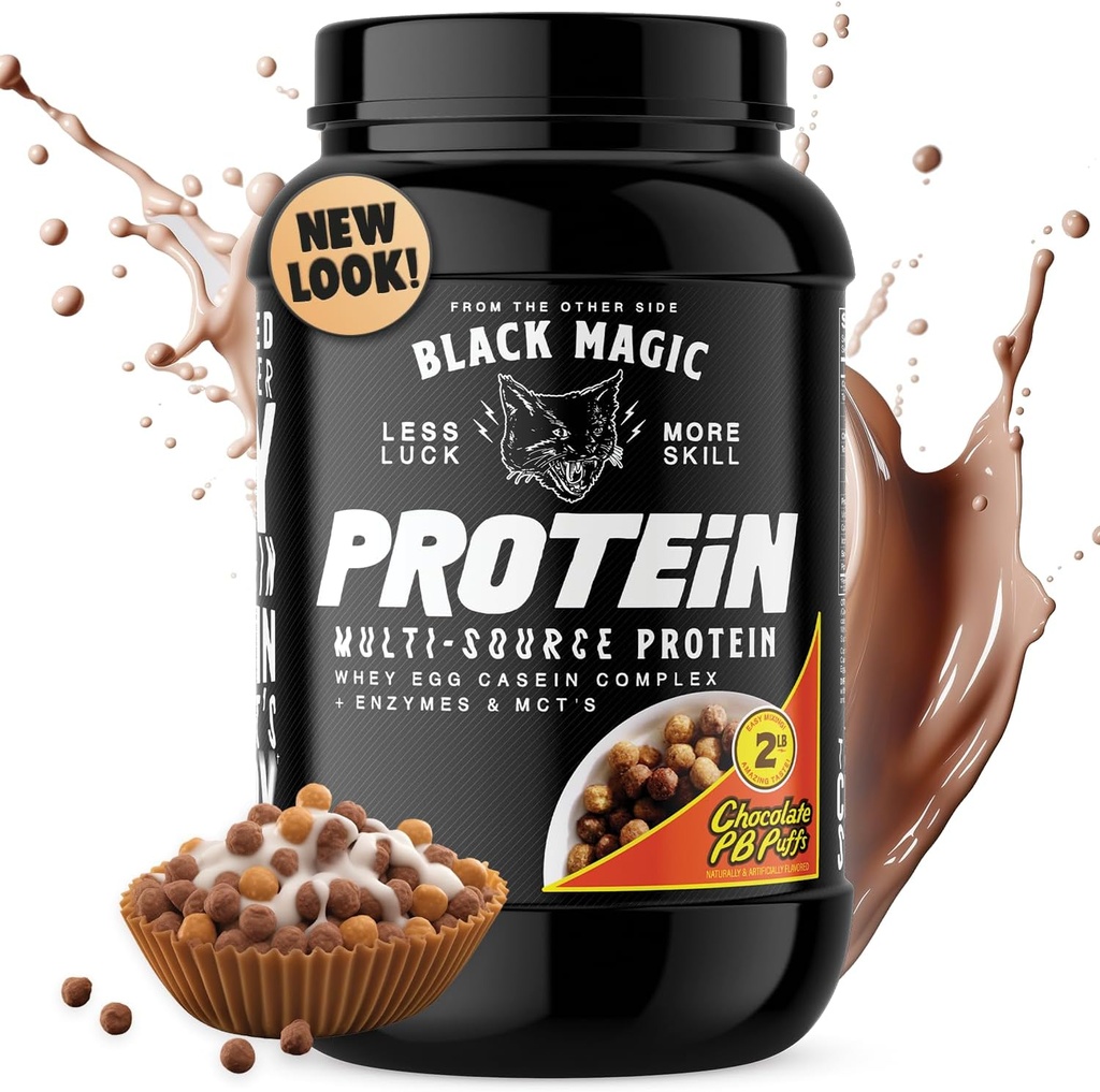 Black Magic Protein Powder - Whey, Jajce, in Kazein Kompleks z encimi in MCT Powder - Pred treningom in po treningu - Novi look- Slavni čokoladni arašidovo maslo Puffs - 24g Beljakovine - 2 LB
