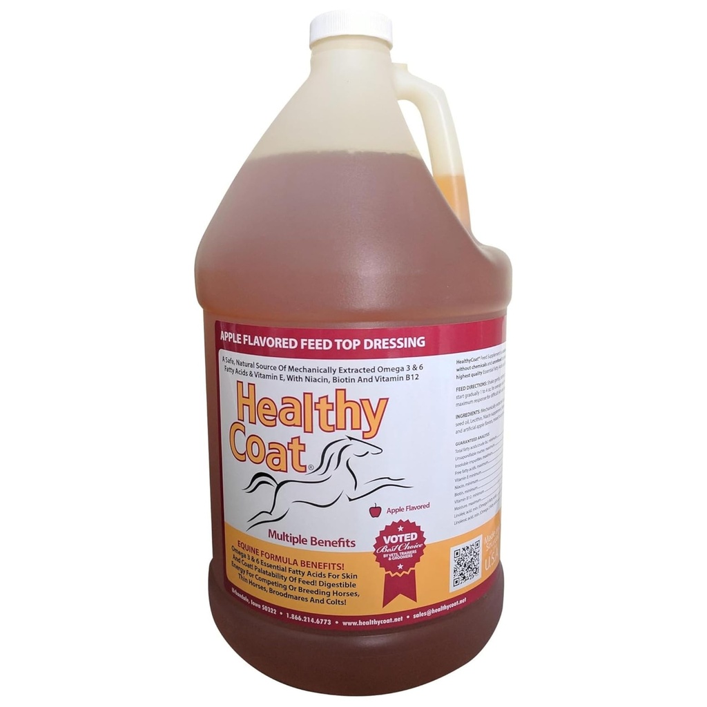 Zdrava Coat Feed dodatek za konje: Gallon. Koža, plašč, stanje telesa, zmogljivost, alergije, imunski sistem, Hoof, Joint, Omega 3 & 6 Maščobne kisline.