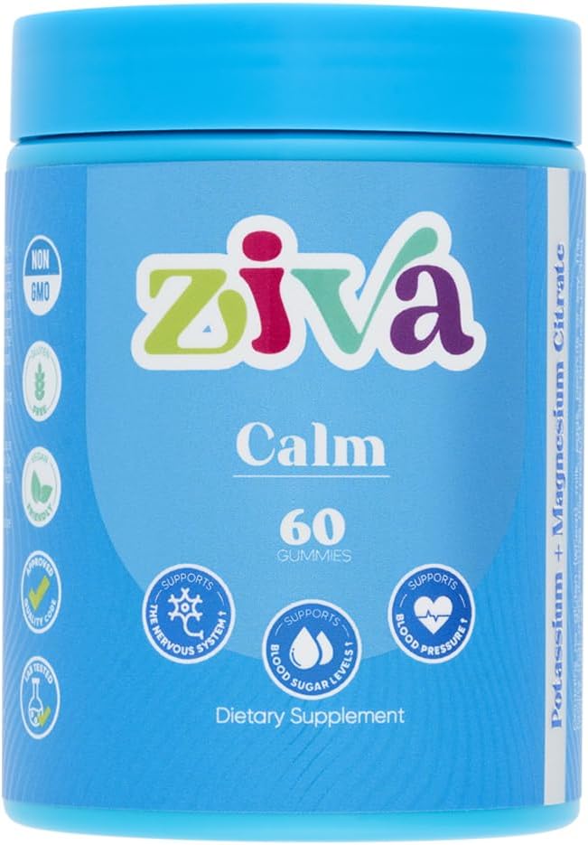 Ziva Calm Gumies – Kalijev Citrat & Magnezijev Citrat Dopolnilo za sprostitev, Stress Relief & Podpora mišic – 60 Count