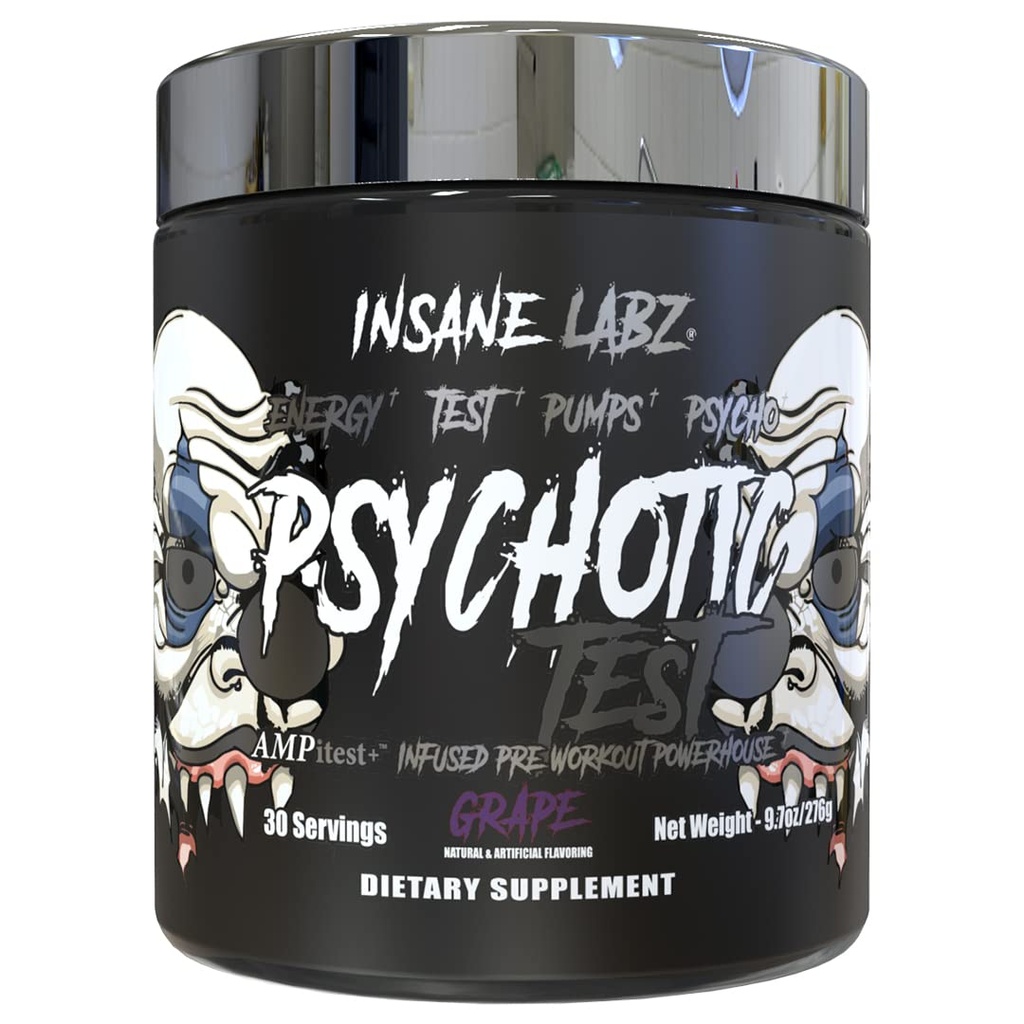 Insane Labz Psychotic Test, High Stim Testosteron Energy and Pump spodbujanje pred-workout prašek z DMAE Bitartrate, D Aspartična kislina, Kreatin HCL in Glicerol Monostearat, 30 Servingate, Grozdje
