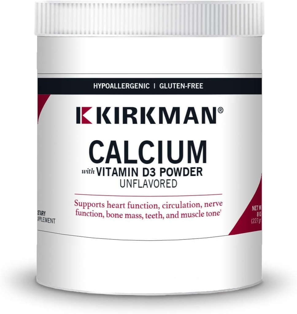 Kirkman - Kalcij z vitaminom D3 v prahu - 8 oz - Eterični minerali - pomaga ohraniti močne kosti - nearomatizirana