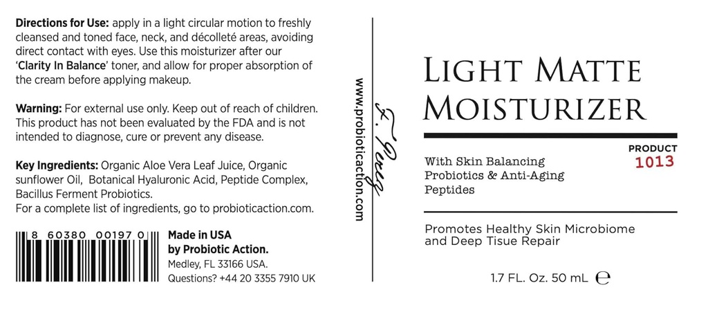 Probiotic Action® Light Matte Moisturizer - Probiotik pomaga preprečiti Acne, Rosacea, in Eccema. Probiotik in Peptide ohranjata sijaj, mehkobo in tiščanje bistre kože.
