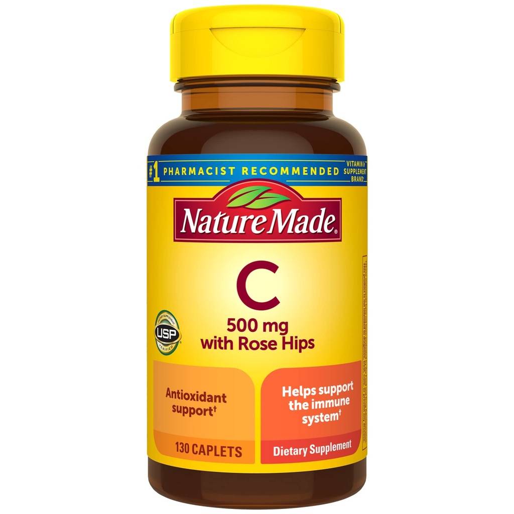 Narava Made Vitamin C 500 mg z Rose Hips, prehranska dopolnila za imuno podporo, 130 Caplets, 130 dnevna dobava