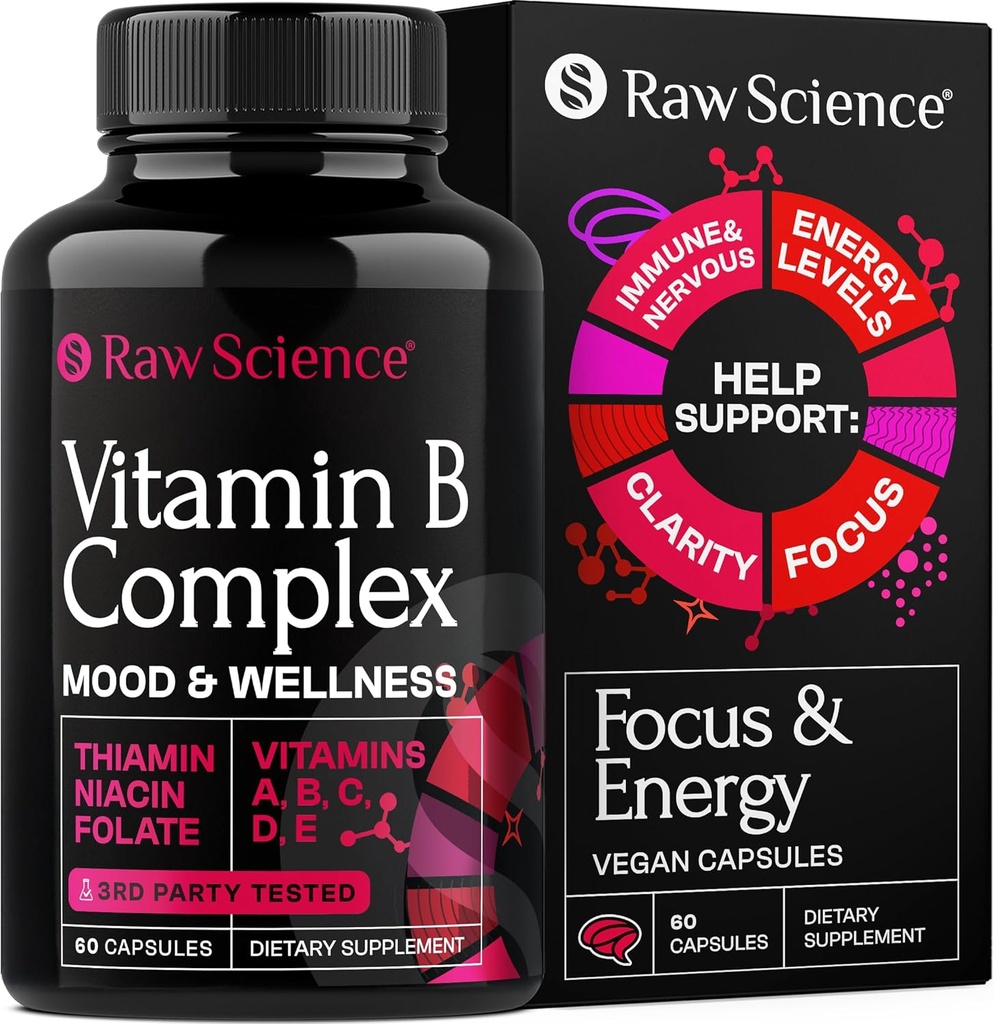 Kompleks vitamina B - B Vitamini: B1 B2 B3 B5 B6 B7 B9 B12, biotin, folna kislina, vitamin C za energijo in imunski dodatek, super B-kompleks za ženske in moške živčevje, 60 kapsul
