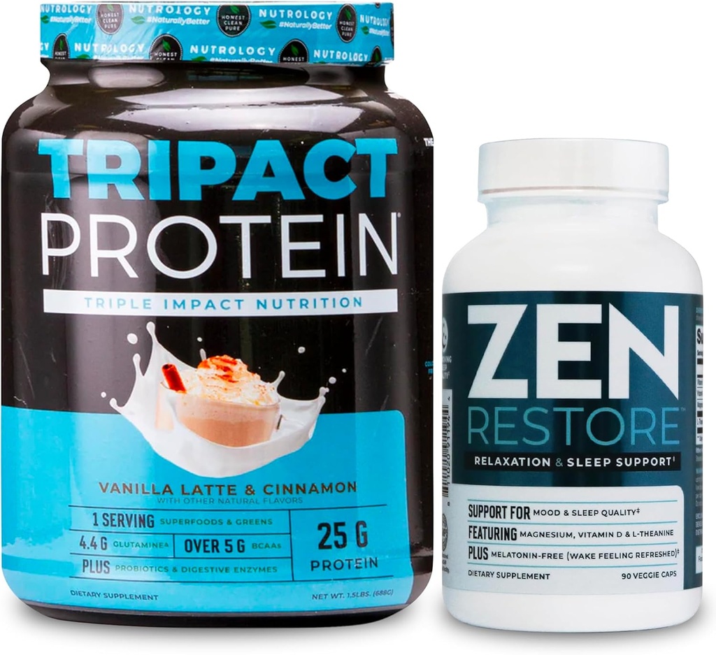 Nutrologija TRIPACT Protein Powder, 7-v-1 Zamenjava obroka Shake, Vanilla Latte Cinnamon Flavor (20 Servisi) Zen Natural Magnezij dodatek (30 servies)