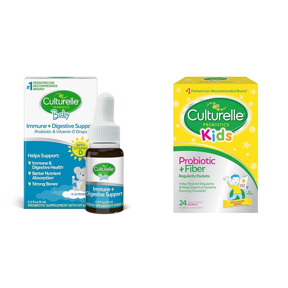Culturelle Baby Immune & Digestive Support Probiotic + Vitamin D Kapljice, 30 Day Supply Otroci Probiotic + Fiber Packets, 24 Count