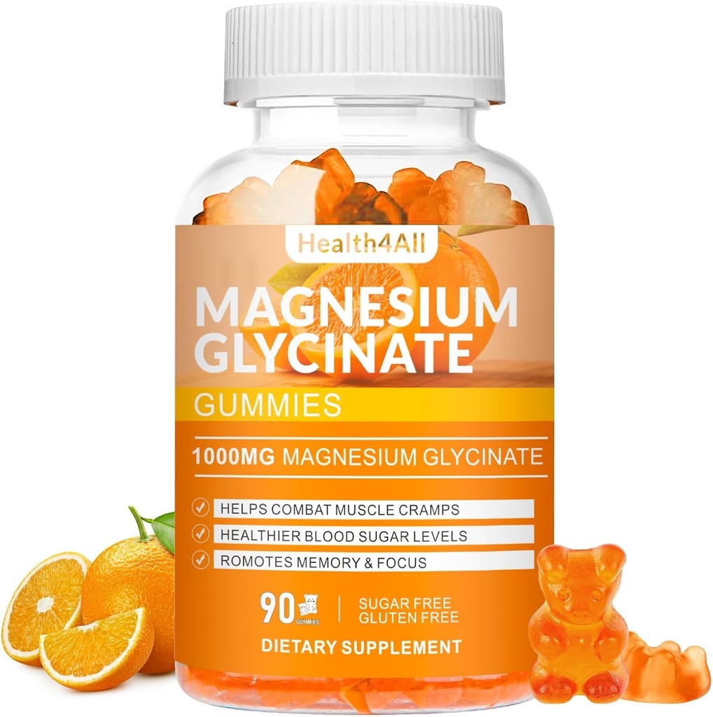 Magnezij Glycinate Gumies 1000 mg, visoka absorpcija sladkor brez magnezija Kalij dodatek za sprostitev, Stress Relief, in podpora za spanje za odrasle in otroke - 90 Orange Gumies