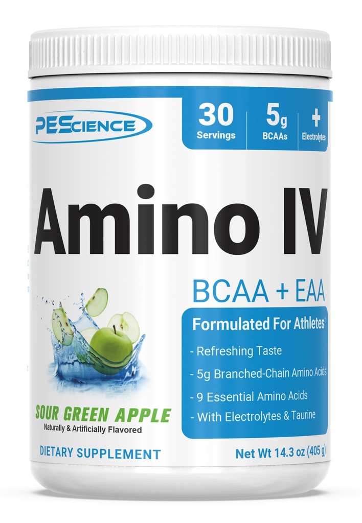 PEScience Amino IV BCAA & EAA Powder, Essential Amino Acids, Tavrin, Elektroliti za hidracijo in obnovo mišic, Sladkor brez sladkorja za moške in ženske, Post Workout - Sour Green Apple - 30 Servings