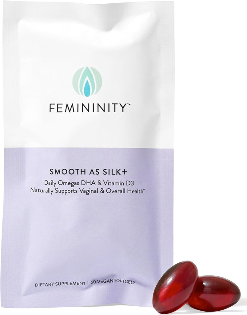 Feminity gladka kot Silk+ 30-dnevno ponovno polnjenje za vaginalno suhost (60 kapsul) – mešanica olja morskega Buckthorna, vitamina D3 in na rastlinah temelječega Omega-3 DHA