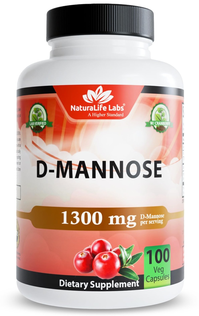 NaturaLife Labs Organic D-mannose 1300 mg z organskim izvlečkom brusnic 100 mg na serviranje – 100 kapsul – ne-GMO, gluten-free, vegan