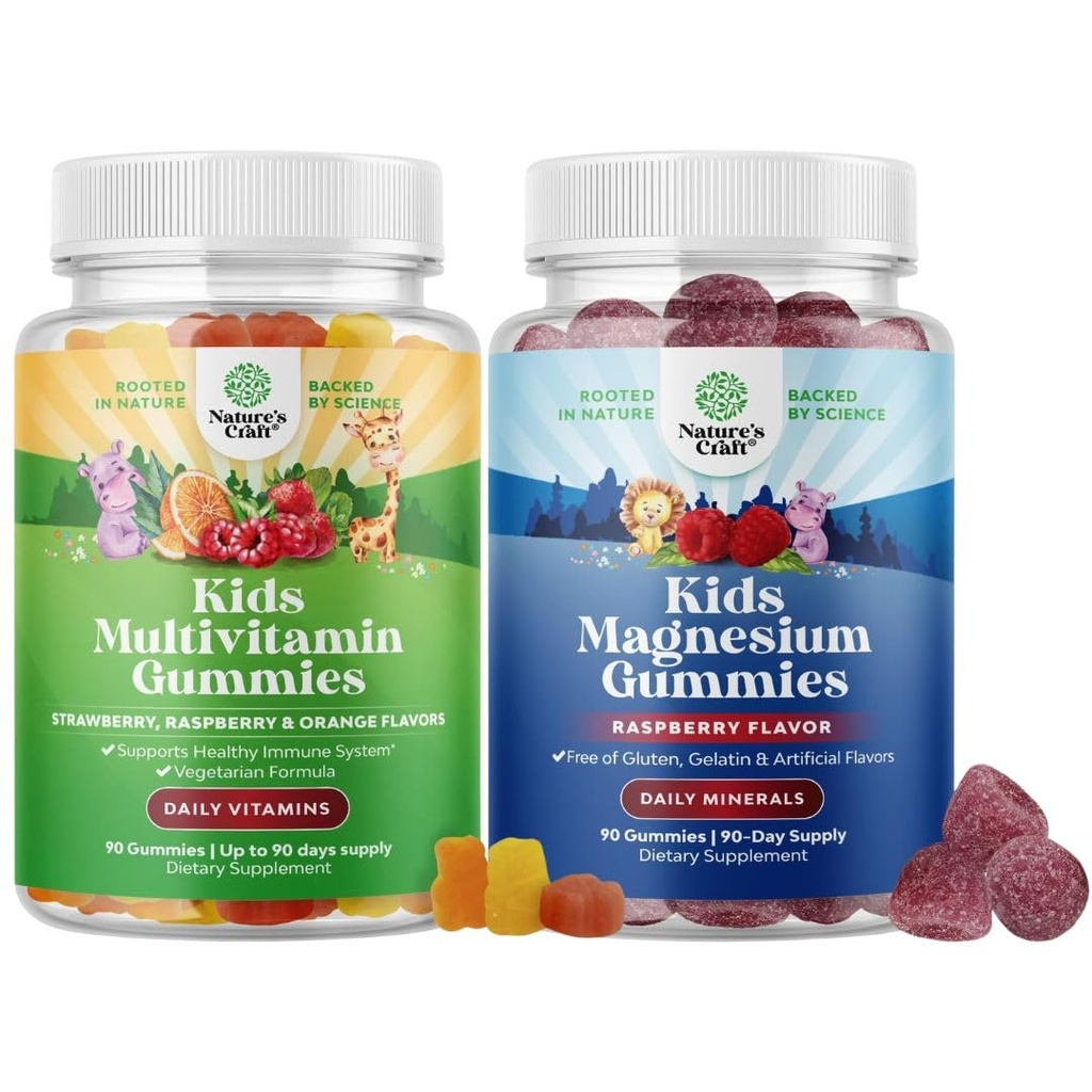 Sveženj otrok Multivitaminski Gumiji za imuniteto Podpora z vitamini A C D3 E B in cink in otroci Magnezij Gumies - Calm Relaxing Mag Citrat z malina Okus za živcev in srca