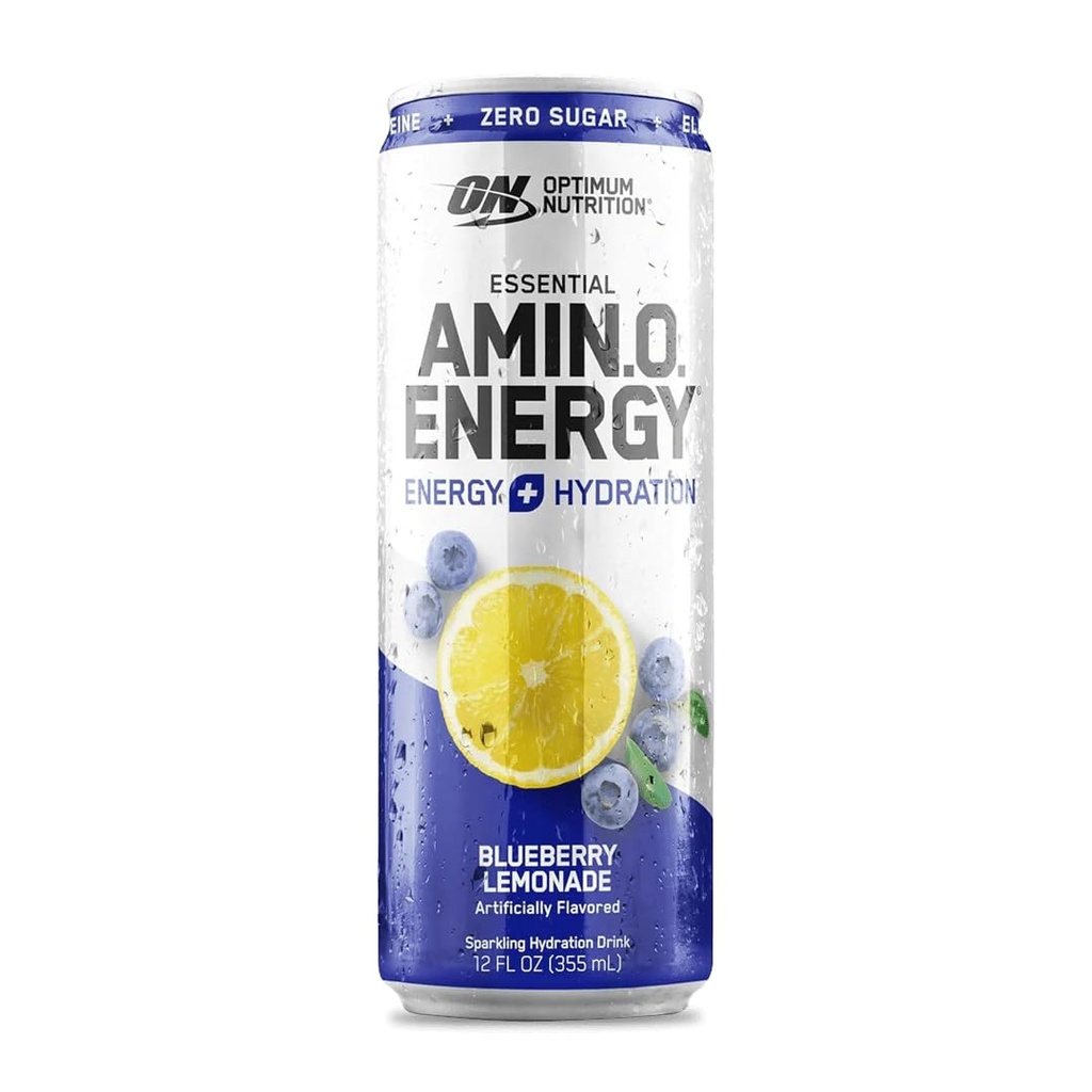 Optimum Nutrition Amino Energy Sparkling Hydration Drink, Elektroliti, Kofein, Aminokisline, BCAA, Brez sladkorja, Borovničeva limonada, 12 Fl Oz, 1 število (Packaging May Vary)