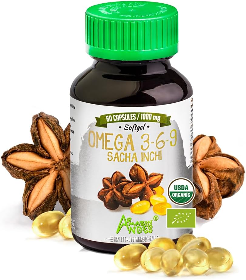Andes Sacha Inchi Kapsule (Plukenetia volubilis) - Vir Omega 3, 6, 9 z esencialnimi maščobnimi kislinami - Brez vonja in trajnega izvora - Brain Function Supporter - 60 Softgel Pills (1000mg)