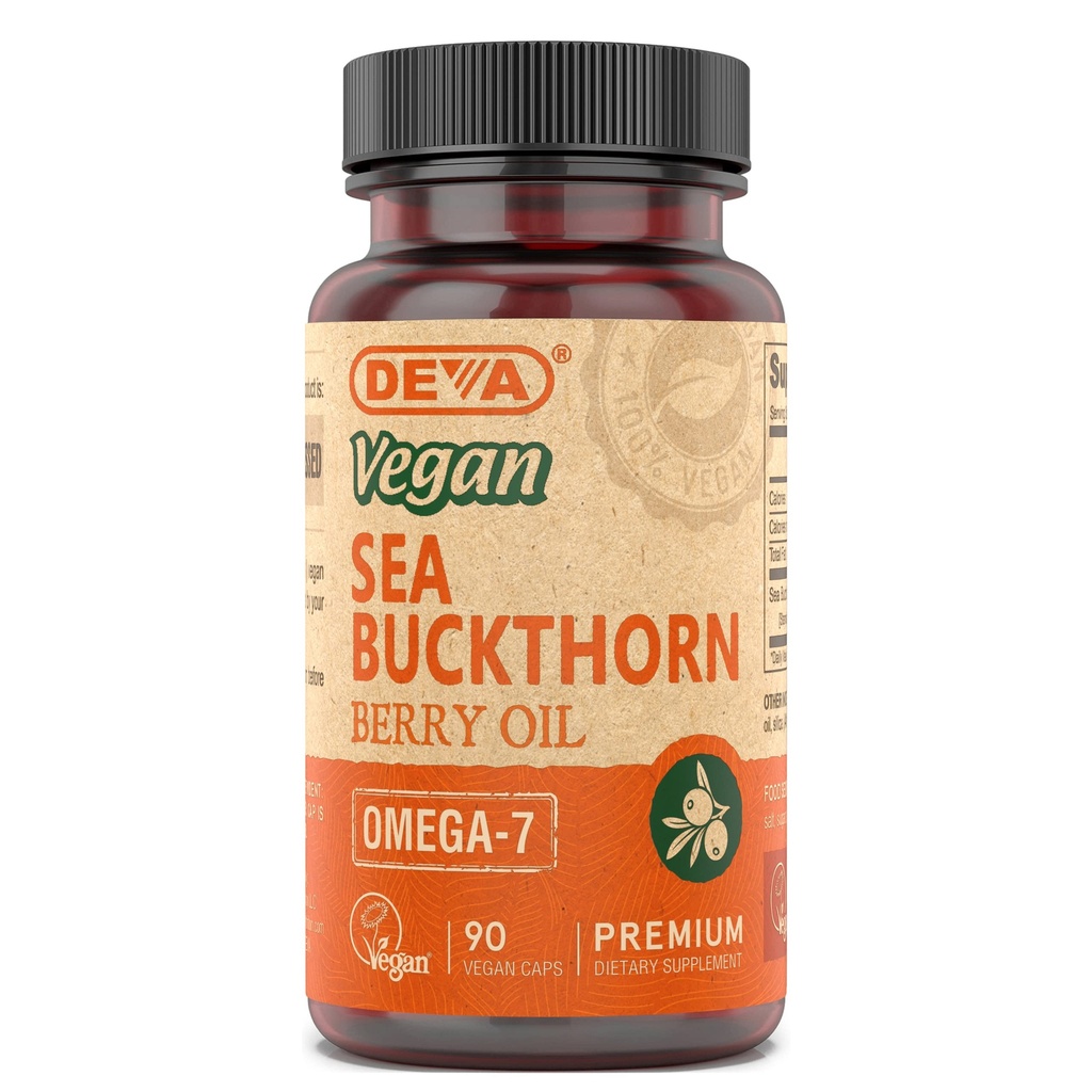 DEVA Vegan Sea Buckthorn, Berry Oil 500 mg, hladno, neprečiščeno, bogato z omega-7, 90 kapsul, 1-pak