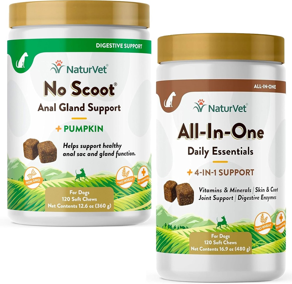 NaturVet All-in-One Double - za skupno podporo, Prebava, koža, Coat Care – 120 Soft Chews & No Scoot za pse - 120 Soft Chews - Podpira zdravo Anal Gland & Bowel funkcijo