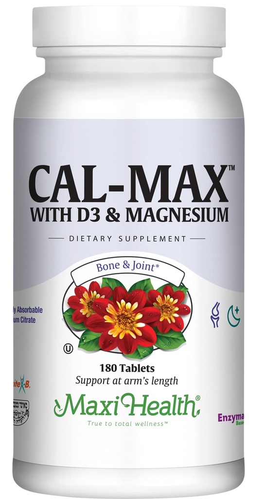Maxi Health Calcium 1000 mg z vitaminoma D3 (400 i.e.) in Magnezij (750 mg) - Cal Max prehranski dodatek za podporo kosti, zob in sklepov - za moške in ženske - 180 tablet