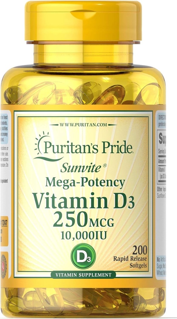 Puritan's Pride Vitamin D3 250 μg (10.000 i.e.) Mehkužci, 200 števk