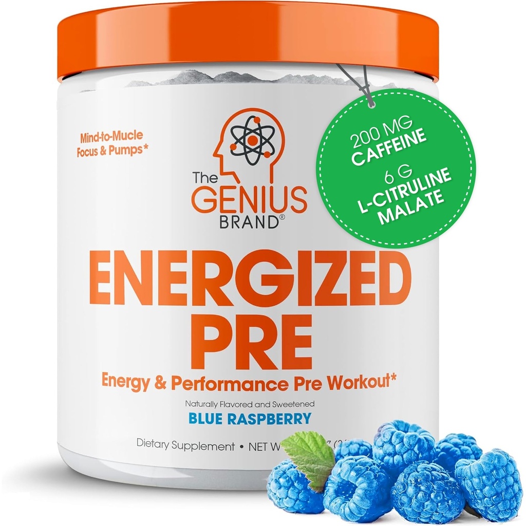 Genius Energized Pre Workout Powder – Kofein Infused Pre-Workout Booster dodatek z Beta Alanine & Alpha GPC, Brez umetnih sladil ali barvil - 200mg Caffeine, 20 Servings, Modra malina